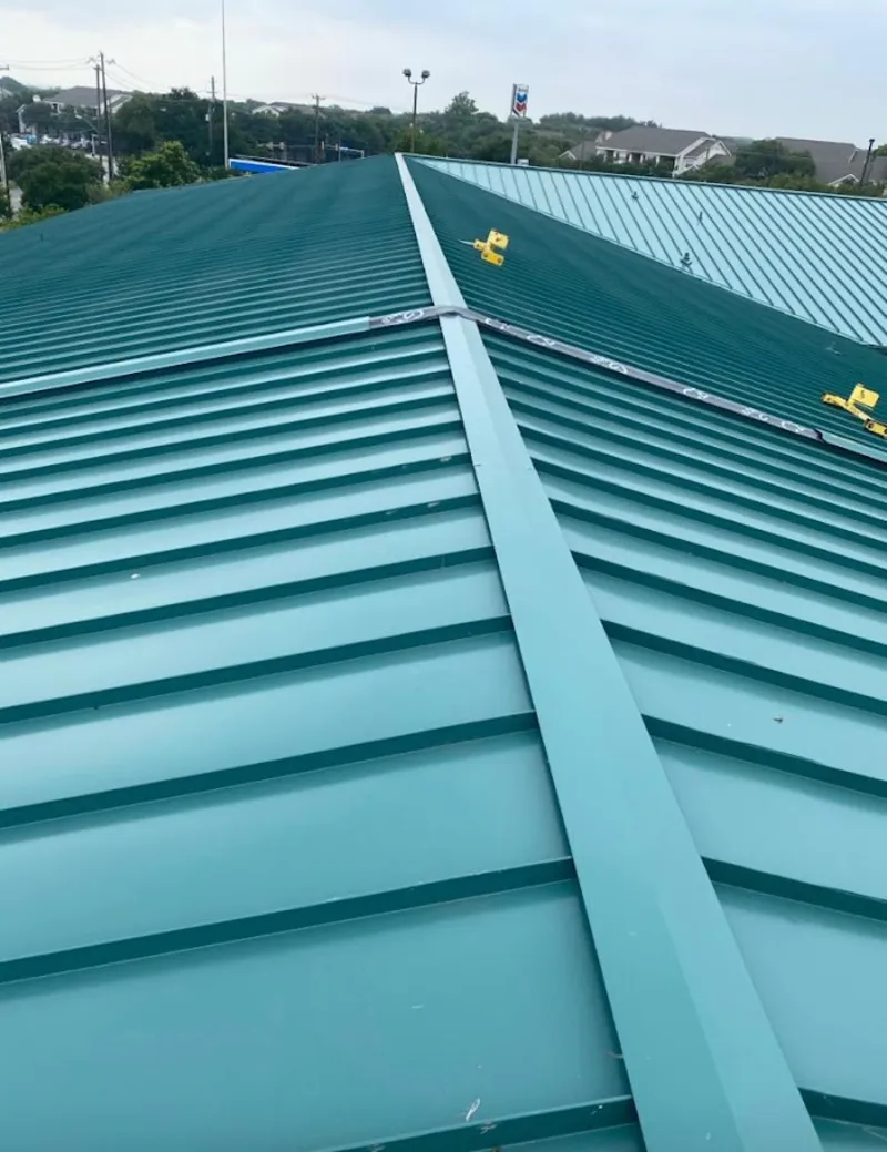 Green commercial metal roof ridge and valley for Metal Roof Repair in Palm Springs North